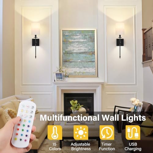 19 inch Battery Operated Wall Sconces Set of 2 with Remote, Rechargeable Wireless Wall Lights with Beige Fabric Shade, Indoor Not Hardwired Dimmable for Bedroom Living Room Decor - Image 4