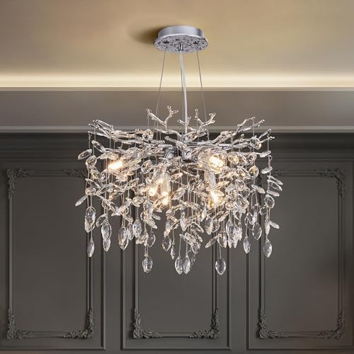 Modern Tree Branch Crystal Chandelier Luxury Silver Crystal Pendant Lighting 18" Contemporary 6-Light Chandeliers for Dining Room Kitchen Bedroom Living Room by witkey