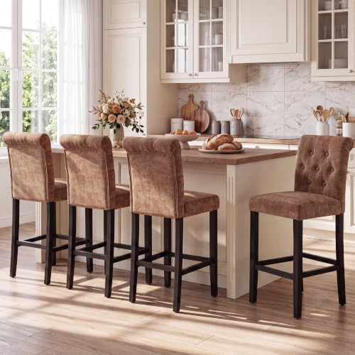 LSSBOUGHT Counter Height Barstools Fabric Upholstered Counter Stool with Rubber Wood Legs Bar Chair for Kitchen Island (Brown, Set of 4) by LSSBOUGHT