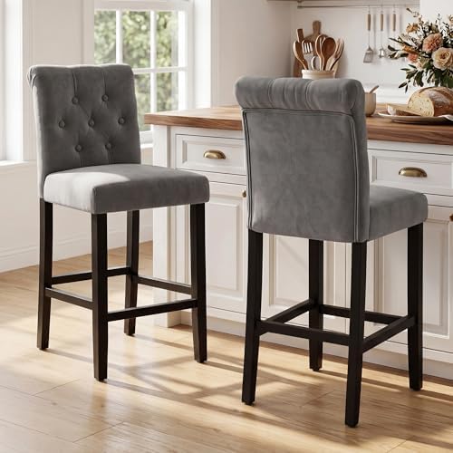 LSSBOUGHT 24 Inches Upholstered Counter Stools, Bar Stools Set of 4, Fabric Counter Stools with Back, Counter Height Bar Chairs with Solid Wood Legs for Home Kitchen Island Dining Room, (4pcs,Grey) - Image 3