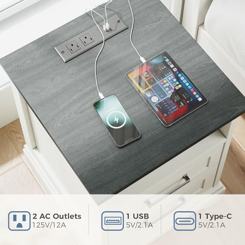 DUMOS Farmhouse Nightstand with Charging Station & USB Ports - Image 4