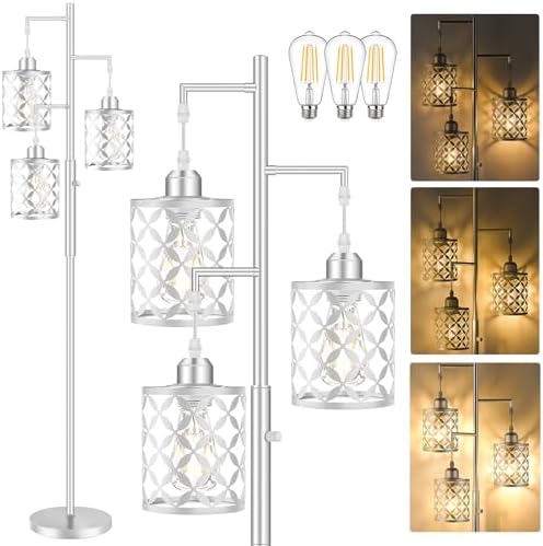 72" Modern Tree Floor Lamp, Dimmable Minimalist Tall Standing Lamp with Metal Cages & Rotary Dimmer Knob, Corner Decor Lighting for Living Room Bedroom Cafe, 3 x 800LM Bulbs Included-Silver by GHOOCEMLUX