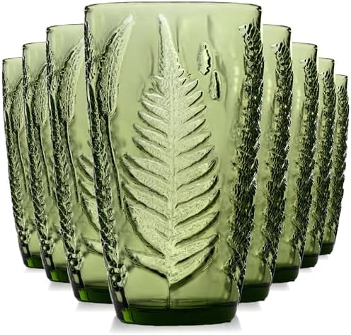 Green Drinking Glasses Set of 8, 16 oz Glass Cups, Vintage Fern Glassware by QELVIO