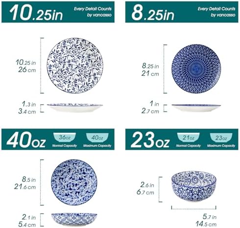vancasso SELENE Plates and Bowls Set for 6, 24 Pieces Dinnerware Sets, Mircowave and Dishwasher Safe Dishes Set, Porcelain Blue Dinnerware - Image 2
