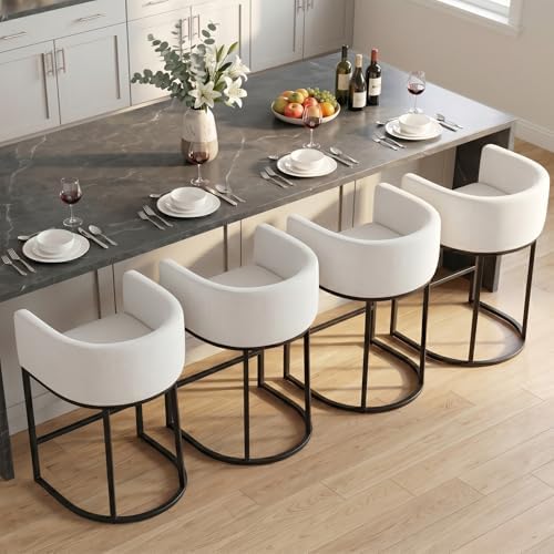 Counter Height Bar Stools Set of 4, 24 Inch Seat Height Barstools for Dining Room, Fabric Upholstered Bar Chair for Kitchen Island, Linen Counter Stools with Metal Legs, White by KRAMZMINGQualityHome