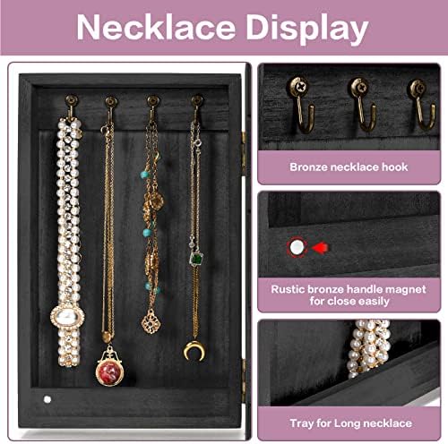 Meangood Jewelry Box Wood for Women, 6-Layer Large Organizer Box with Mirror & 5 Drawers for Rings, Earrings, Necklaces, Vintage Style, Black - Image 4
