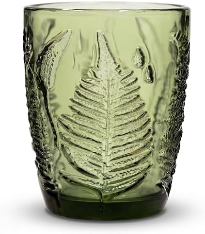 Vintage Green Drinking Glass, 10 oz Hand-Pressed Deep Textured Glass Cup, Fern Embossed Retro Glassware, Decorative Tumbler for Water, Cocktails & Juice, Boho Colored Kitchen Drinkware, Unique Gift by QELVIO