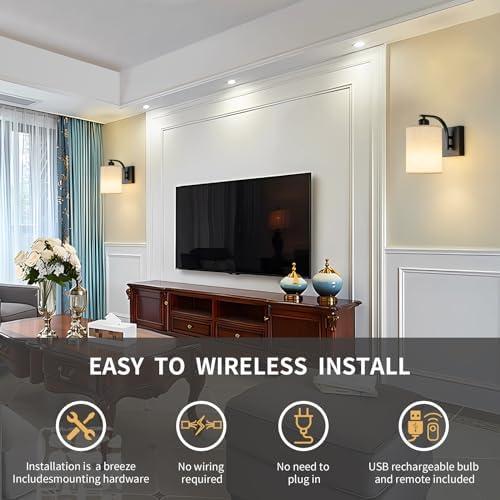 Powfloven Black Rechargeable Wall Sconces Set of 2 with Remote, Wireless Dimmable Battery Operated LED Wall Lights, Cordless Wall Lighting Lamp Fixture for Bedroom Living Room - Image 5