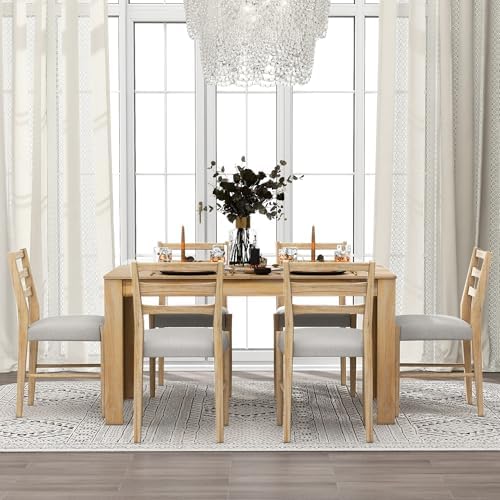 Farmhouse 7-Piece Kitchen Dining Table Set, Solid Wood Rectangle Extendable Table with 12” Leaf and 2 Drawers, 6 Dining Chairs with Soft Cushion, Dining Table Set for 6 Persons (Natural Wash+) - Image 3