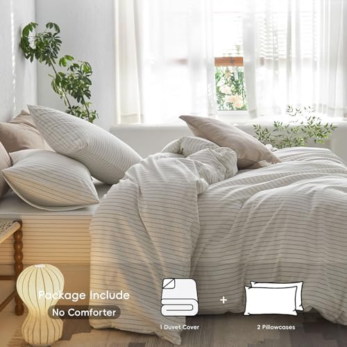 MooMee Striped Duvet Cover Set 100% Washed Cotton Linen Like Super King - Image 2