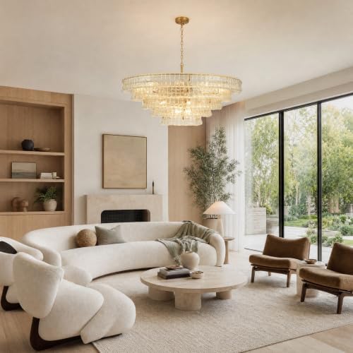 48" 5-Tier Clear Ripple Glass Chandelier, 20-Light Round Brass Chandelier - Image 2