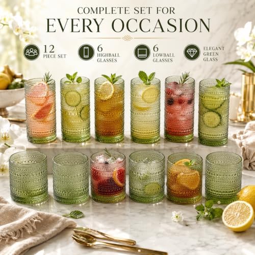 Khen Hobnail Beaded Highball Drinking Tumbler Glasses | Set of 12 | Color, Vintage Bubble Design Whiskey Glassware, Old-Fashioned, Embossed Design for Water Wine, Cocktail Embossed Heavy Glass (Green) - Image 3