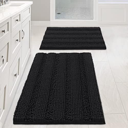 Non Slip Thick Shaggy Chenille Bathroom Rug Mat Set Extra Soft and Absorbent Striped Floor Rugs, 2 Piece, Machine-Washable by HVERSAILTEX
