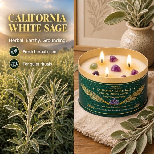 White Sage Candle for Cleansing with Crystals, 12 oz 3-Wick Jar Candle - Image 5