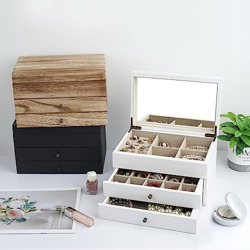 Meangood Jewelry Box Organizer for Women, 3 Layer Large Jewelry Storage Case, Rustic Wooden Jewelry Box with Mirror & Ring Tray for Necklace Earring Bracelets Rings, Vintage Style (White) - Image 2