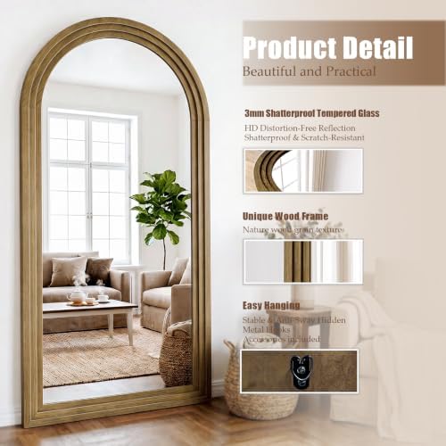 30"x71" Full Length Mirror Solid Wood Frame, Arched Floor Mirror Full Length with Stand, Room Decor Big Full Body Mirror with HD Tempered Glass for Bedroom, Living Room, Light Brown - Image 3