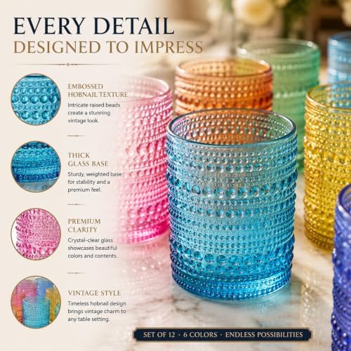 Khen Hobnail Beaded Highball Drinking Tumbler Glasses | Set of 12 | Color, Vintage Bubble Design Whiskey Glassware, Old-Fashioned, Embossed Design for Water, Wine, Cocktail Embossed, Rocks Glass - Image 5