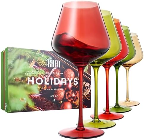 Khen Festive & Holiday Colored Wine Glasses Set of 5 In Luxurious Gift Box – 20oz Stemmed Goblets, Thanksgiving Dinner, Entertaining – Wedding Red, Green & Gold Glassware for Party Celebrations by Khen