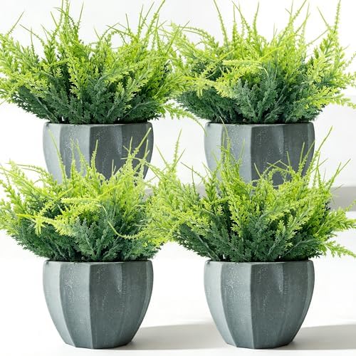 MONOID Artificial Potted Plants, Realistic Fake Greenery for Desk, Home Office Bathroom Shelf Farmhouse Table Decor, Maintenance Free (4, Fern Green) by GuardYourHomeEmbraceSafety