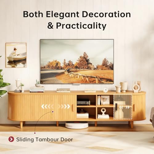 70" Mid Century Modern TV Stand, Wood TV Consoles with Sliding Doors and Power Outlet, Entertainment Center with Adjustable Shelves, Fluted TV Stands for Living Room, Oak - Image 4