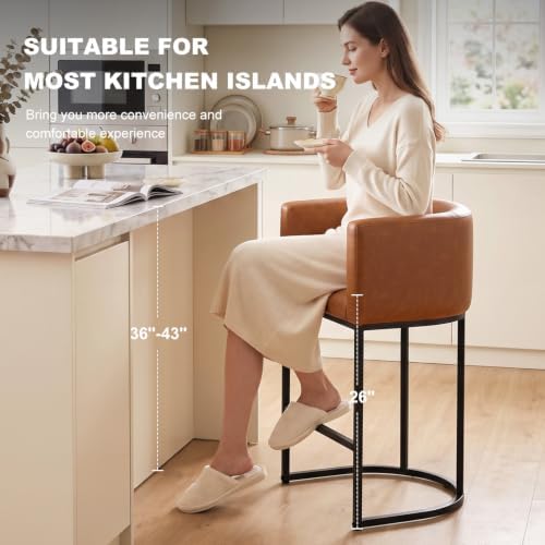 26" H Counter Height Bar Stools Set of 2, Modern Barrel Counter Stools with Backrest and Arms, Faux Leather Upholstered Accent Barstools for Kitchen Island,Support 450 LBS (Walnut Brown) - Image 3