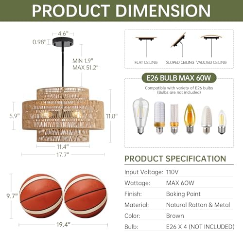 17.7" Rattan Chandelier for Dining Room, Large Boho Pendant Light - Image 5