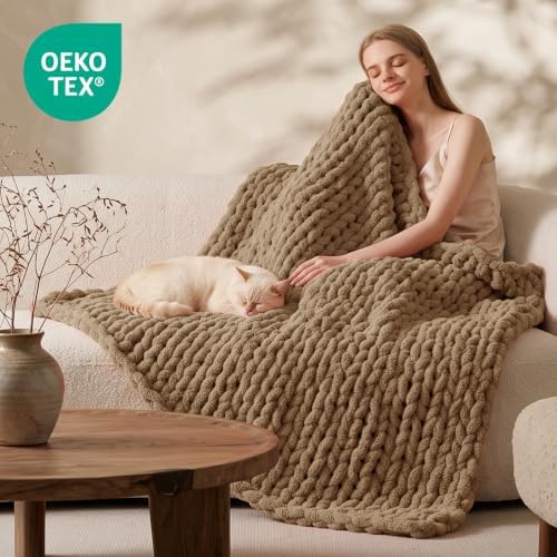 L'AGRATY Chunky Knit Throw Blanket for Couch, 50'' x 70'' Knit Throw, Brown - Image 2