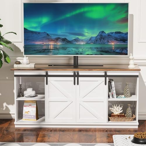 YESHOMY 58" Farmhouse TV Stand for TVs up to 65", Sliding Barn Doors, White - Image 2