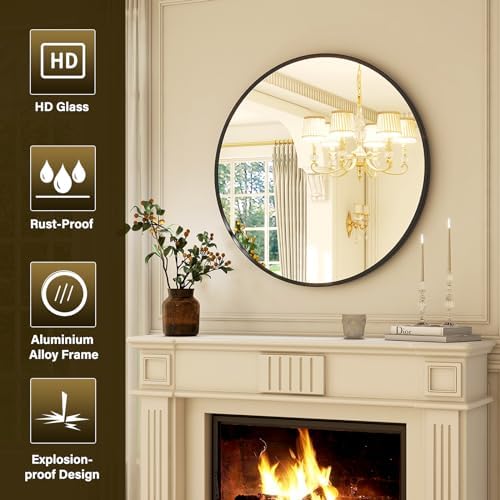 XRAMFY 20 Inch Round Mirror - Circle Mirrors for Bathroom, Entryway and Living Room Wall Decor, Modern Hanging Vanity Mirror, Matte Black Circle Decorative Wall Mirror - Image 4