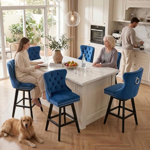 SoarFlash Kitchen Velvet Swivel Bar Stools with Solid Wood Legs Upholstered Counter Stools Set of 6, Blue - Image 3