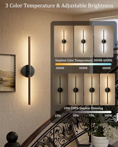 40" Battery Operated Wall Sconce Set of 2, 350° Rotating Lamp, Walnut Black - Image 2