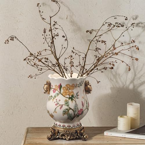 8.3" Ceramic Vintage Flower Vase with Gold Pedestal, Rustic Chinoiserie Floral Fruits Porcelain Urn for Home Decor, Antique French Country Farmhouse Centerpiece for Kitchen Table Entryway Mantel - Image 6