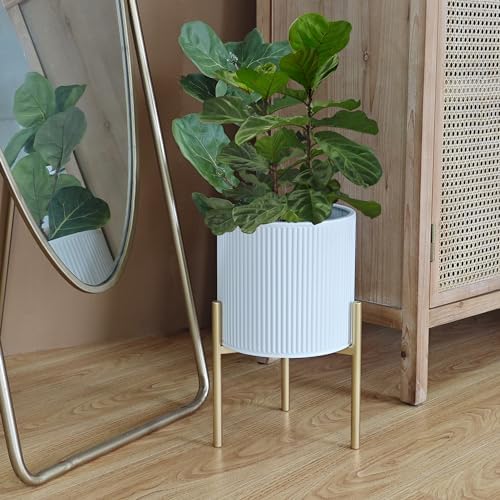 ARNIS Modern Planter Pots, Set of 2 Round Large Planters with Stand, Decorative Floor Planters, Metal Pots with Drainage Holes for Living Room, Office, Garden or Balcony, 8.25 &10.5 Inch, White & Gold - Image 2