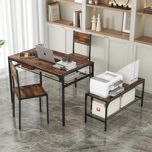 Giantex Dining Table Set for 4, Kitchen Table with Chairs & Bench, Storage Racks, Metal Frame, 4-Piece Space-Saving Dinette Set for Dining Room, Breakfast Nook, Small Space, Apartment,Rustic Brown - Image 3