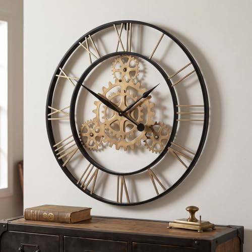 Cuspin 30 Inch Large Wall Clock Black Gold Roman Numeral Gears Wall Clock by Cuspin