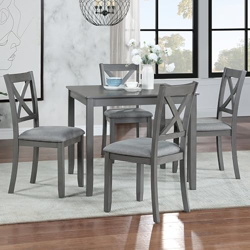 Harper & Bright Designs Modern 5-Piece Wooden Dining Table Set for 4, Grey Square Kitchen Table & 4 Upholstered Seating Chairs, Acacia/Birch Veneer, Space-Saving Design for Dining Room & Small Spaces - Image 3