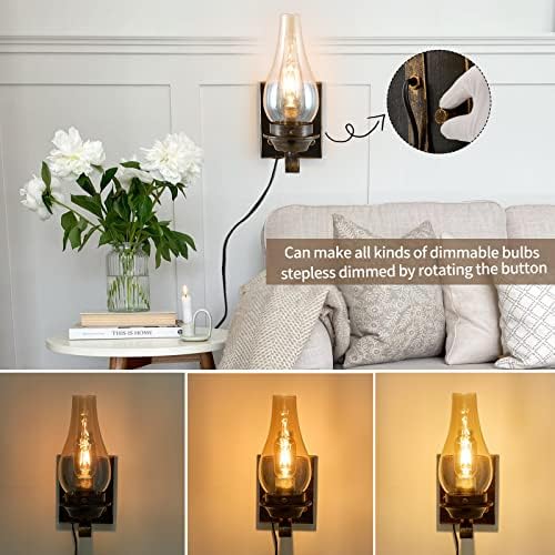 Yisuro Wall Sconces Sets of 2, Oil Rubbed Bronze Plug in Wall Sconce,Retro Rustic Wall Lamps,Sconces Wall Lighting with Amber Glass,Indoor Vintage Bedside Wall Lighting for Living Room Bathroom - Image 5
