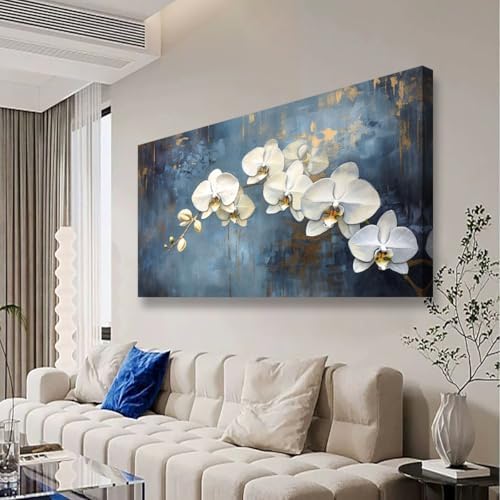 Abstract White Butterfly Orchid Canvas Wall Art for Living room Office Bedroom Flowers Wall Art Print Oil Paintings Modern Blue Gold Rain Mist Pictures Wall Decor Artwork Ready to Hang - 48in * 24inch - Image 2
