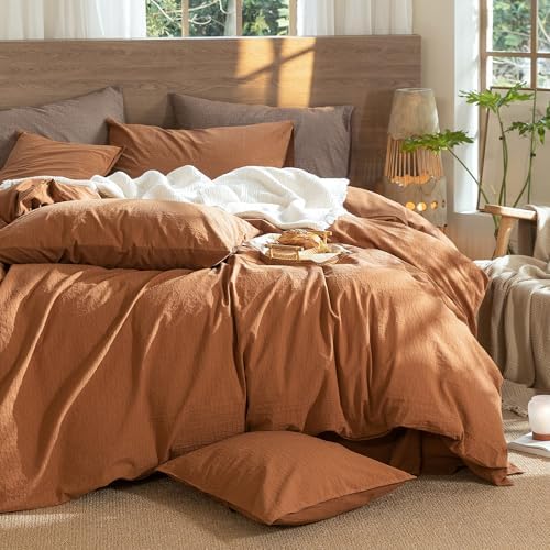 MooMee Wavy Striped Duvet Cover Set 100% Washed Cotton Linen Like Textured Breathable Durable Soft Comfy (Dark Orange, Super King 108"x98") - Image 6