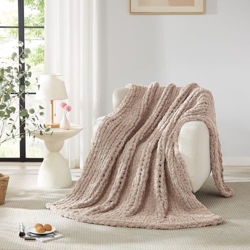 L'AGRATY Chunky Knit Throw Blanket for Couch, 80 x 90 Inches, Light Taupe - Image 4
