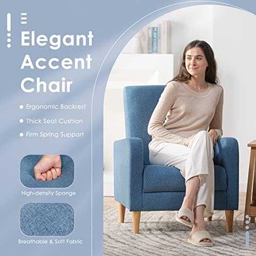 COLAMY Mid-Century Modern Accent Chair, Fabric Upholstered Living Room Chair with Back Pillow & Solid Wood Legs, Comfy Armchair for Living Room, Bedroom, Single Sofa, Blue - Image 4
