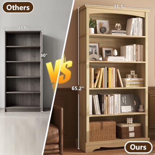 TVU 5-Tier Wooden Bookshelf, 65 Inch Tall Bookshelf with Storage, Floor Standing Modern Style Display Bookcase for Living Room, Office, Study Room, Entryway, Natural Wood Color - Image 6