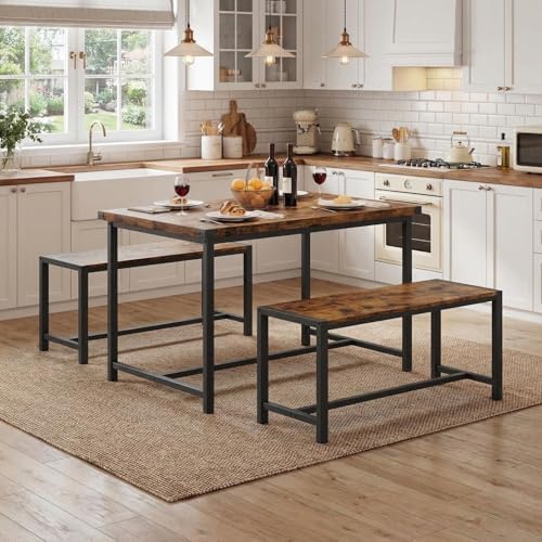 GarveeHome Dining Table Set for 4, Kitchen Table with 2 Metal Wood Benches, Rectangular Room Dining Table Set, 3 Piece Bench Table Set for Small Space, Apartment, Studio, Rustic Brown - Image 3