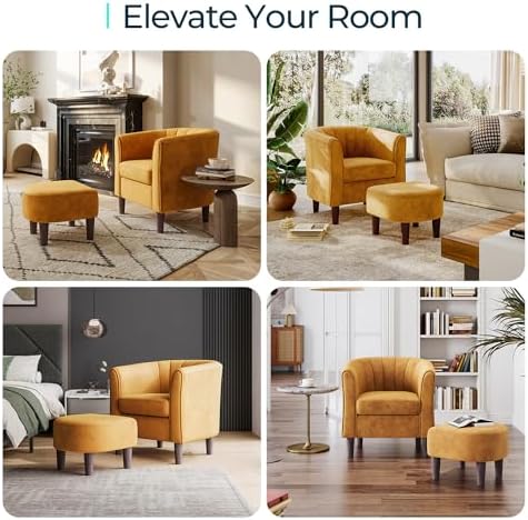 LINSY Accent Chair with Ottoman, Modern Armchair Comfy Barrel Reading Chair with Footrest for Living Room Bedroom Reading Room, Velvet, Yellow - Image 6