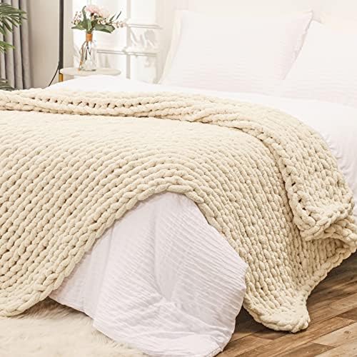 Bigacogo Chunky Knit Throw Blanket for Couch, 80x90 inches, Beige by Bigacogo