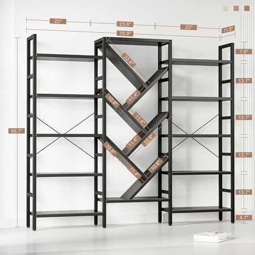INNOD 70x70” Triple 5 Tier Book Shelf, Large Wooden Bookcase with 17 Open Display Shelf, Modern Tree Bookshelf Metal Frame Tall Book Case Furniture for Living Room Bedroom Home Office Black - Image 2