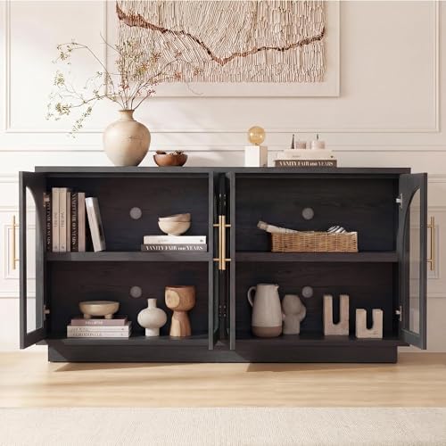 Fatmok 59" Arched Glass Sideboard Buffet Display Cabinet,Grey Black Oak - Image 3