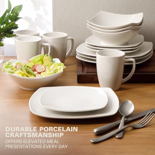 Gibson Home Zen Buffet White Porcelain Dinnerware Set for 4, Square Plates Bowls and Mugs, Chip and Scratch Resistant, Dishwasher and Microwave Safe, 16 Piece - Image 3