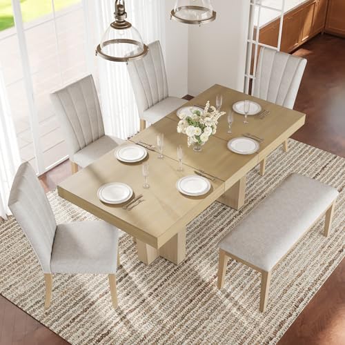 6-Piece Farmhouse Functional Dining Set, Rubber Wood Extendable Dining Table with 4 Upholstered Chairs& Bench, Thick Tabletop and Trestle Legs, Rectangular Dining Room Table Set for 6 (Natural-7.2) by VilroCaz