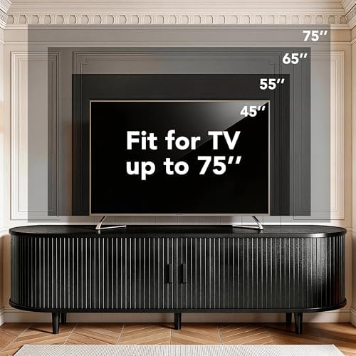 MXV 65" TV Stand with Sliding Doors for Living Room, Mid Century Modern Entertainment Center, TV Console with Fluted Door Cabinets and Power Outlet, Black - Image 6